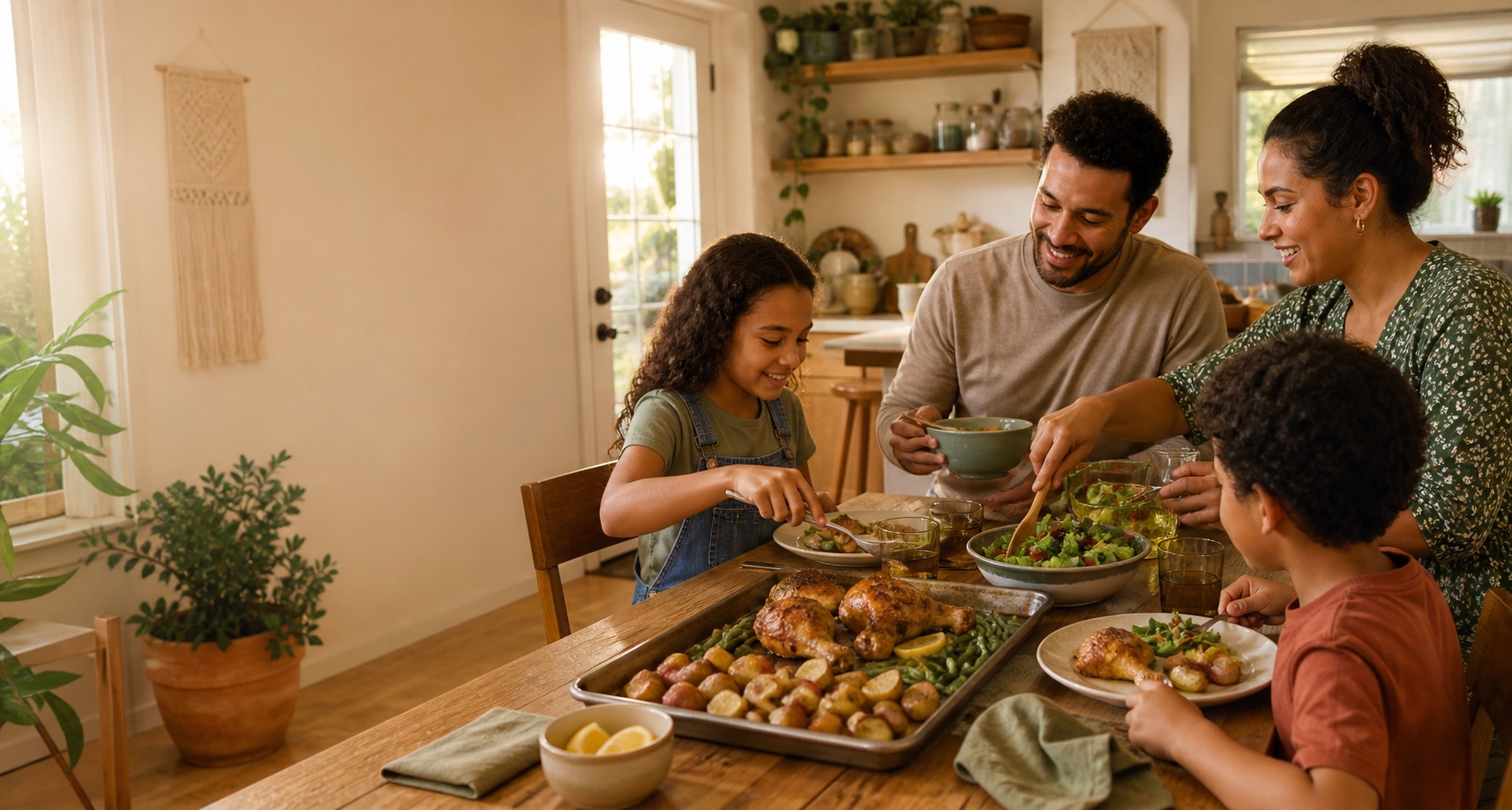 A warm family dinner with colorful budget-friendly dishes on the table