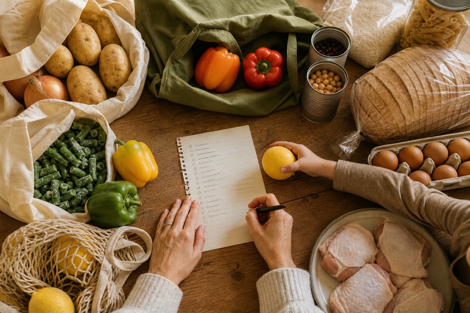 Hands serving a colorful, affordable weeknight meal